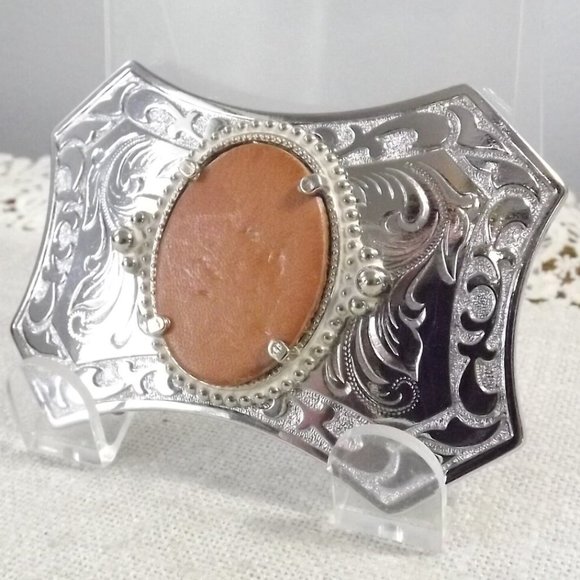 Silver Southwestern Belt Buckle w/ Leather Insert - Picture 2 of 9